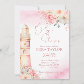 Invitation Baby shower phare fleuri Boho bleu et or