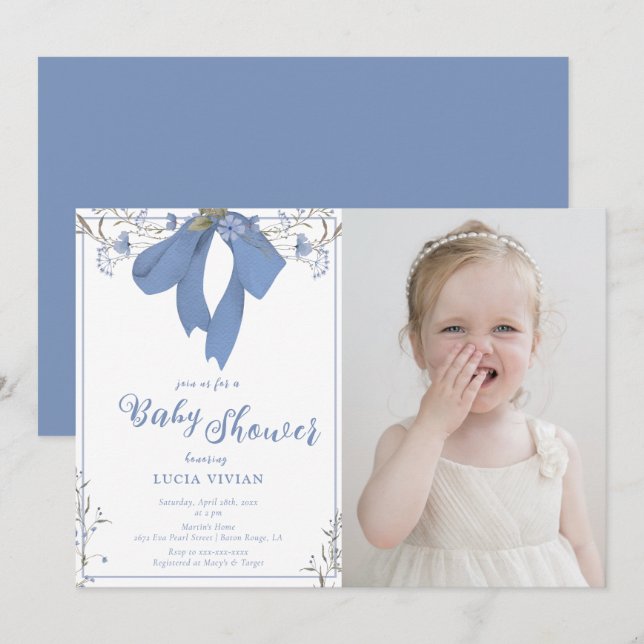 Invitation Baby shower photo Coquette Bow Fleur sauvage bleu (Devant / Derrière)