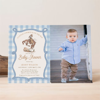 Invitation Baby Shower Photo Cow-Boy à carreaux bleus