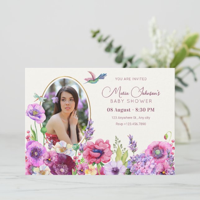 Invitation Baby shower photo de fleurs (Debout devant)