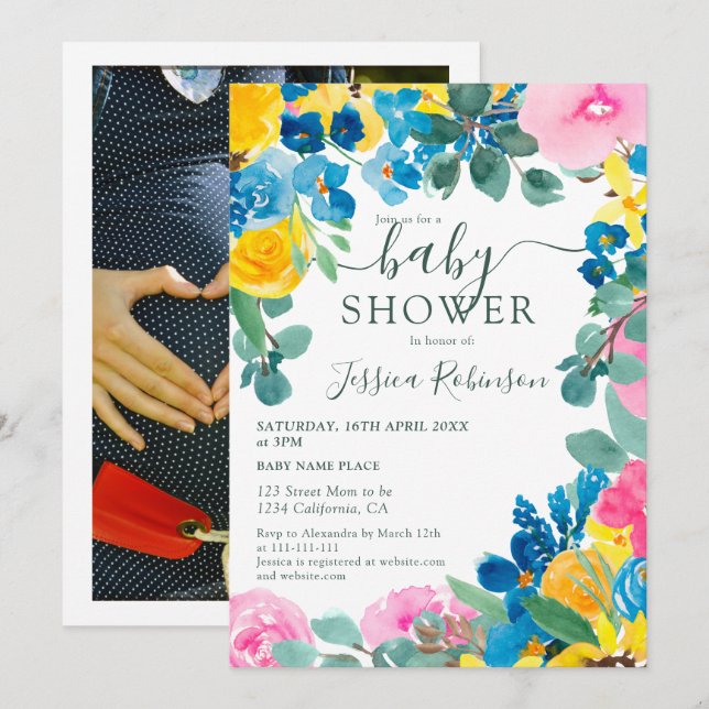 Invitation Baby shower photo floral rose rustique (Devant / Derrière)