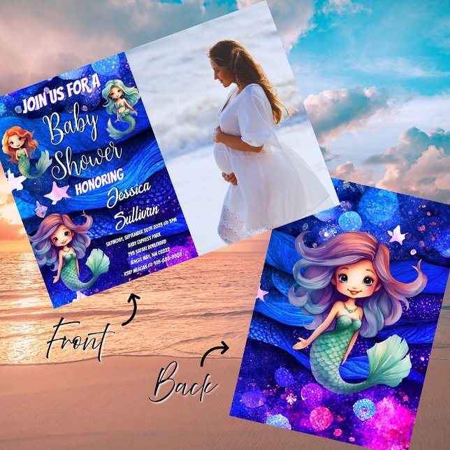 Invitation Baby shower photo Mermaid Deep Blue Purple Sea (Mermaid Personalized Photo of Mom to be Under Water Baby Shower Invitations)