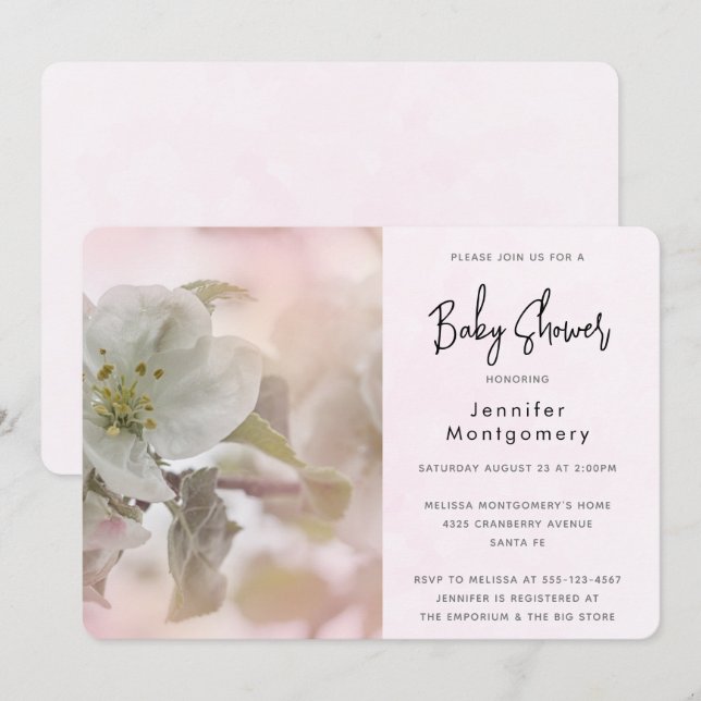 Invitation Baby shower photo White Apple Blossom (Devant / Derrière)