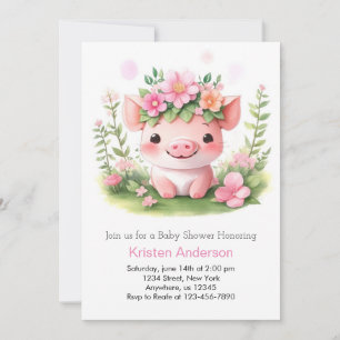 Invitation Baby shower Piglet Fille de la ferme rose