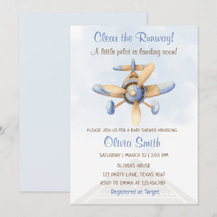 Invitation Baby shower pilote de piste d'avion bleu mûre