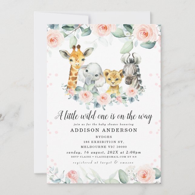 Invitation Baby shower Pink Floral Eucalyptus Safari (Devant)