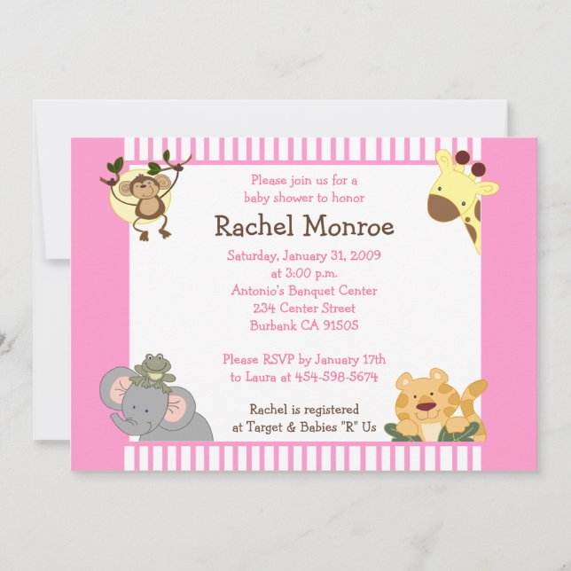Invitation Baby shower Pink Girl Jungle Safari Friends 5x7 (Devant)