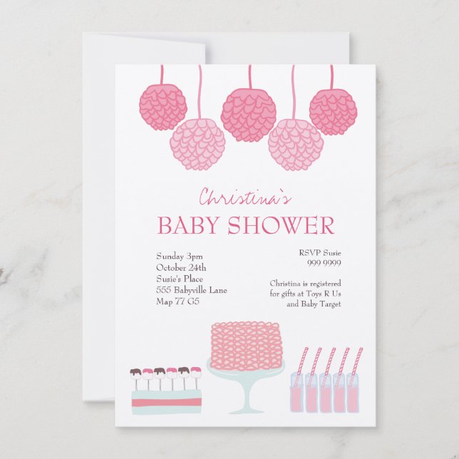 Invitation Baby shower Pink Party Ruffle Cake Pom Poms Invita (Devant)