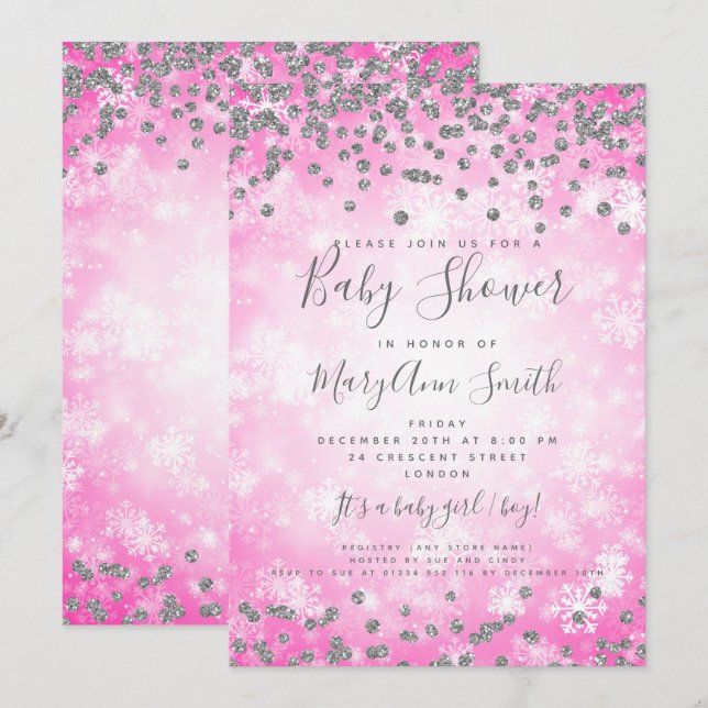 Invitation Baby shower Pink Silver Parties scintillant Winter (Devant / Derrière)