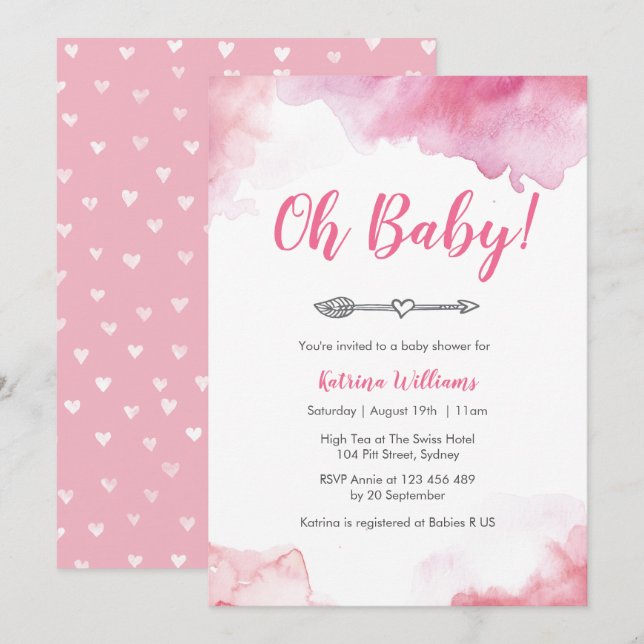 Invitation Baby shower Pink watercolor boho flèche (Devant / Derrière)
