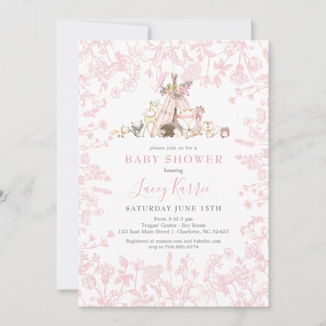 Invitation Baby shower Pink Woodland (Devant)