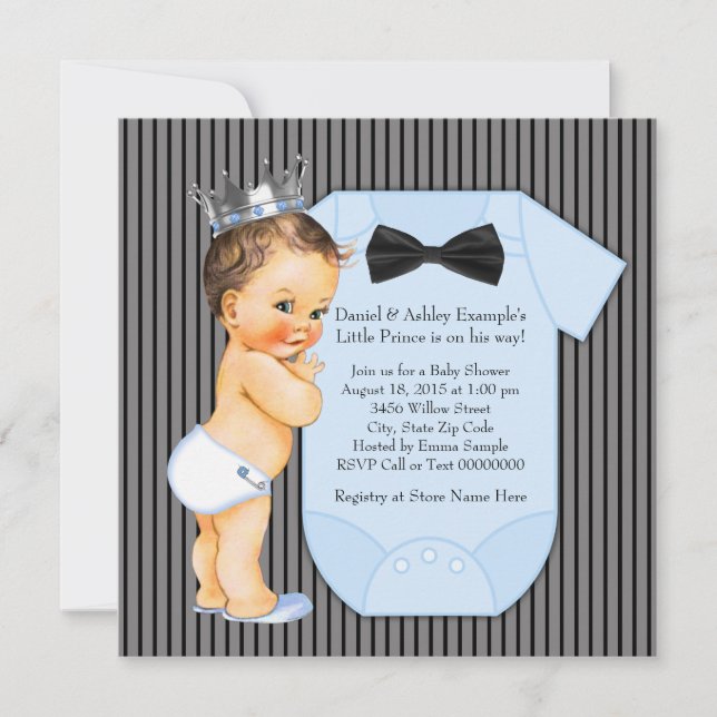 Invitation Baby shower Pinstripe Black Blue Prince (Devant)
