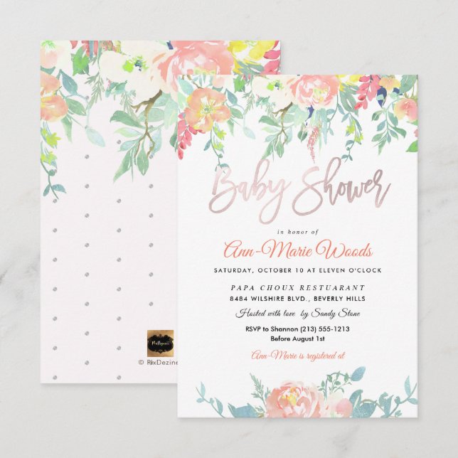 Invitation Baby shower PixDezines Watercolor Peach Peonies (Devant / Derrière)