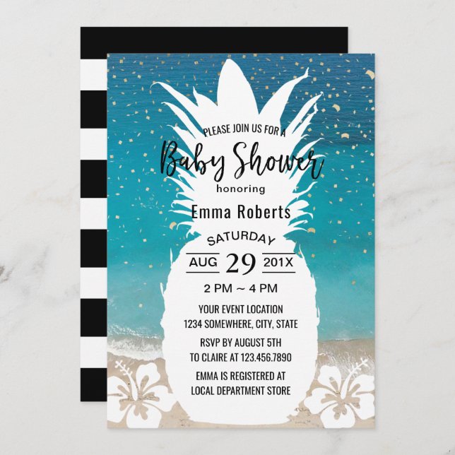 Invitation Baby shower Plage tropicale d'ananas et de fleurs (Devant / Derrière)