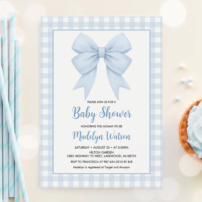 Invitation Baby shower Plaid Bleu Et Bow Bleu (Créateur téléchargé)