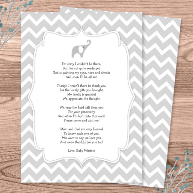 Invitation Baby shower poème merci notes, éléphant gris (Créateur téléchargé)