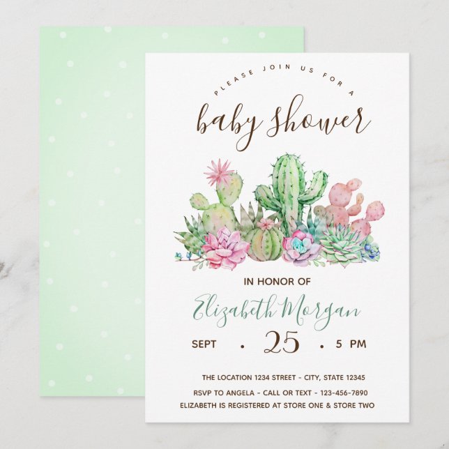 Invitation Baby shower Pois Cactus aquarelle (Devant / Derrière)
