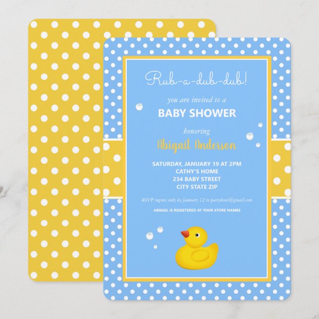 Invitation Baby shower Pois de canard jaune et bleu Invita (Devant / Derrière)