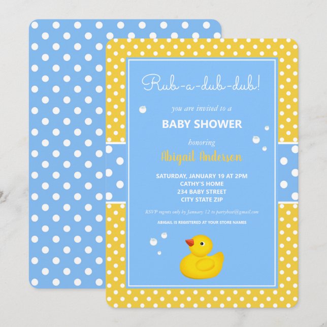 Invitation Baby shower Pois de canard jaune et bleu Invita (Devant / Derrière)