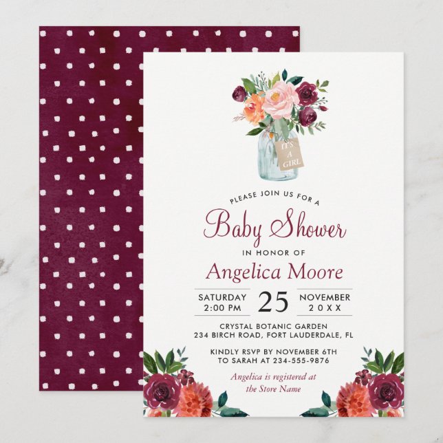 Invitation Baby shower Pois de la Bourgogne Mason Jar (Devant / Derrière)