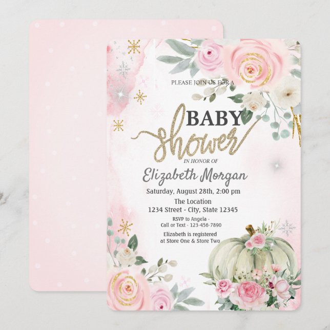 Invitation Baby shower Pois de Roses roses citrouilles (Devant / Derrière)