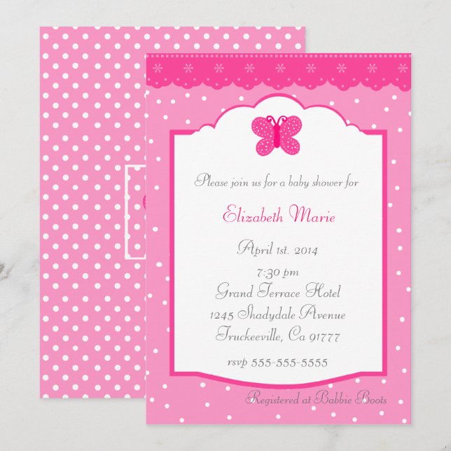 Invitation Baby shower Pois et papillon (Devant / Derrière)
