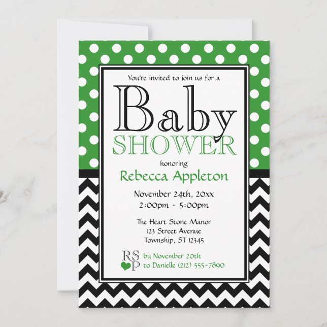 Invitation Baby shower Polka Dot Green et Chevron (Devant)