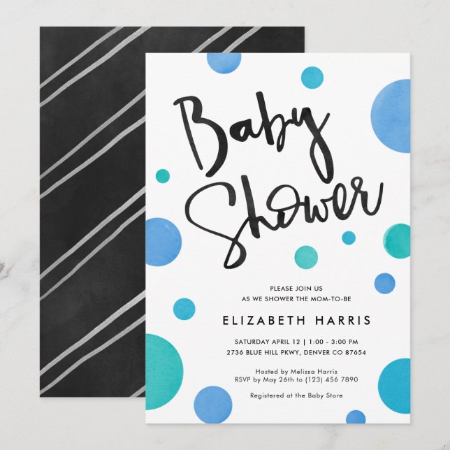 Invitation Baby shower Polka moderne bleu clair (Devant / Derrière)