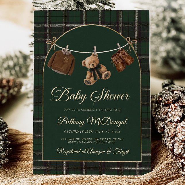 Invitation Baby Shower Polo Teddy Bear Classic (polo bear invitation, green tartan baby shower, preppy baby shower, teddy nvitation, classic baby sh)