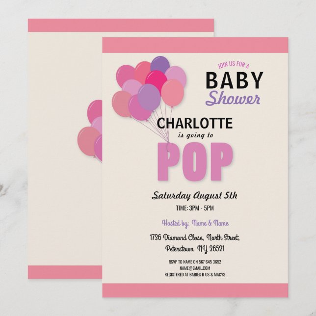 Invitation Baby shower POP Balloon rose Fille saupoudrer s (Devant / Derrière)
