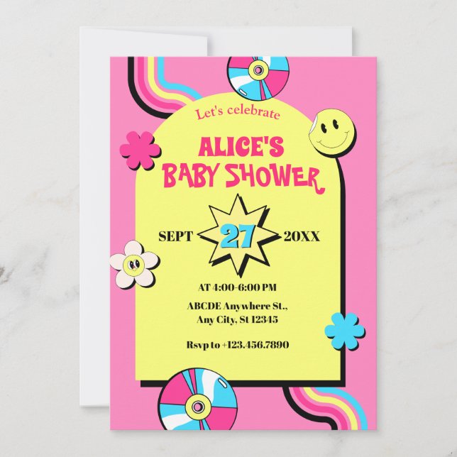 Invitation Baby shower pop fun rétro coloré (Devant)