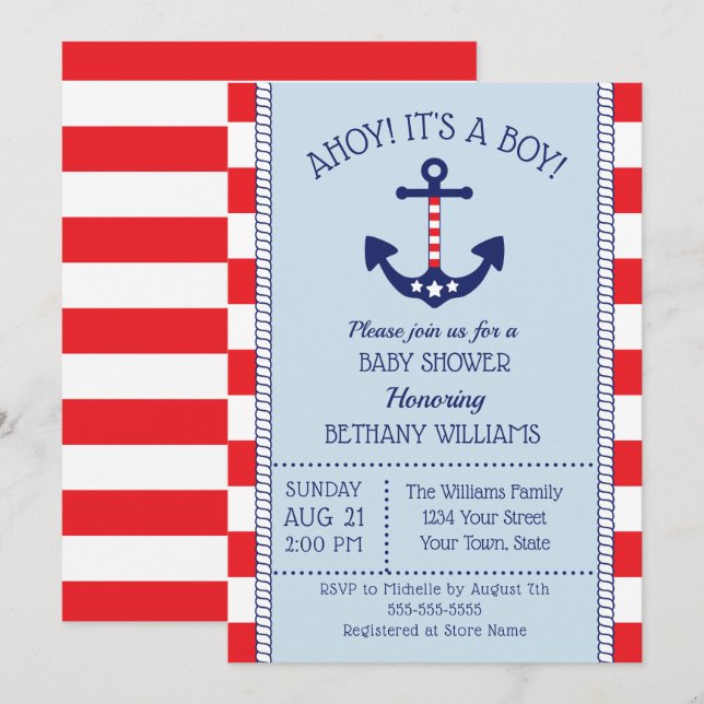 Invitation Baby shower pour Ancres patriotiques nautiques (Devant / Derrière)