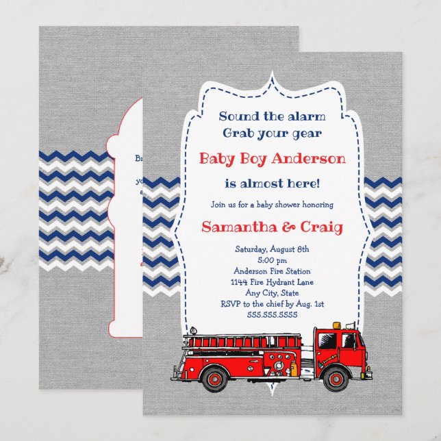Invitation Baby shower pour bébé de camion incendi (Devant / Derrière)