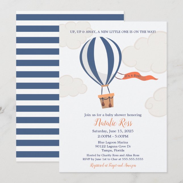 Invitation Baby shower pour garçon à ballon à air chaud vers  (Devant / Derrière)