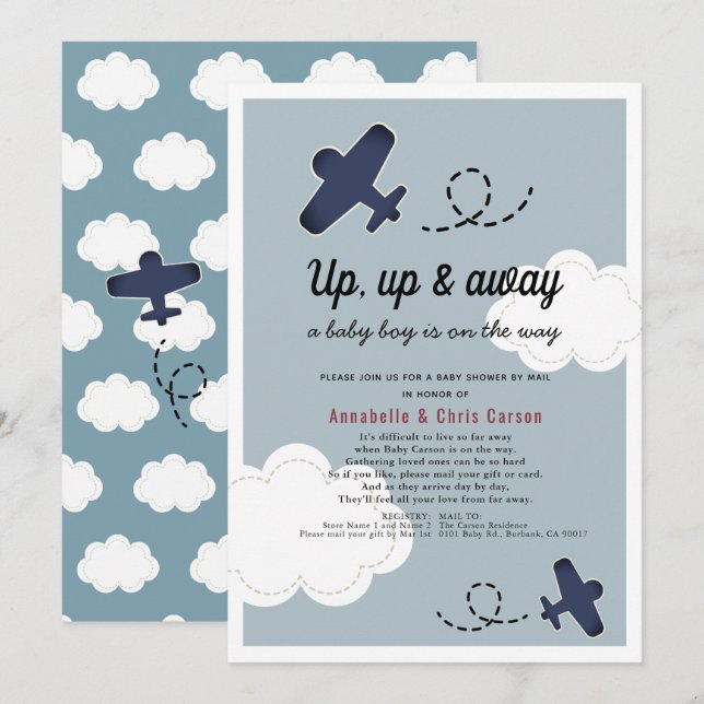 Invitation Baby shower pour garçon bleu de l'avion vers le ha (Devant / Derrière)