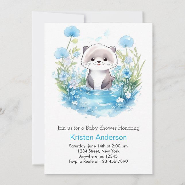 Invitation Baby shower pour garçon bleu Fleur sauvage Otter (Devant)