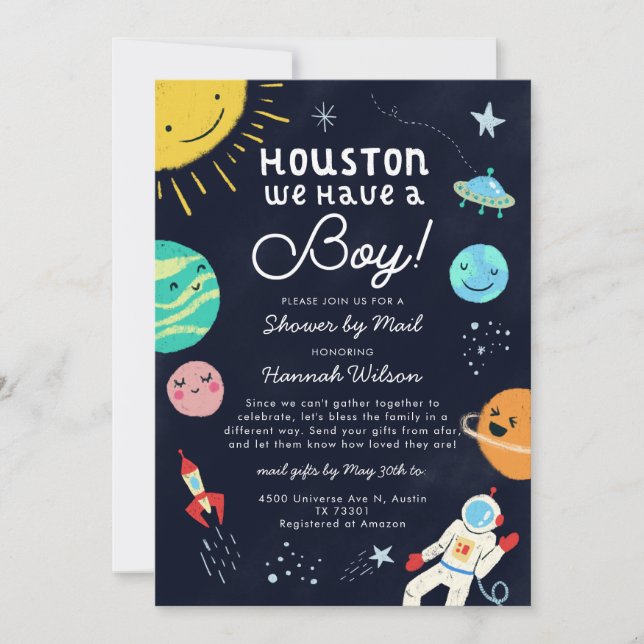Invitation Baby shower pour garçon spatial par courrier (Devant)