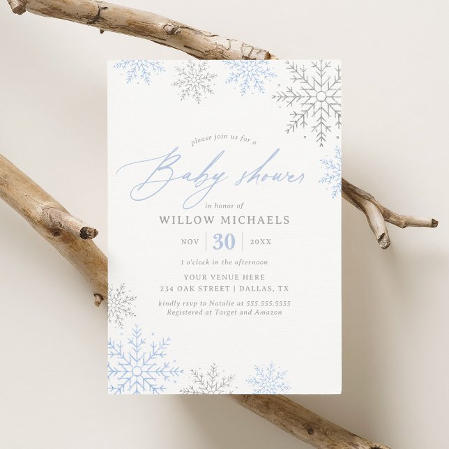 Invitation Baby shower pour garçons d'hiver Blue Snowflake (Créateur téléchargé)