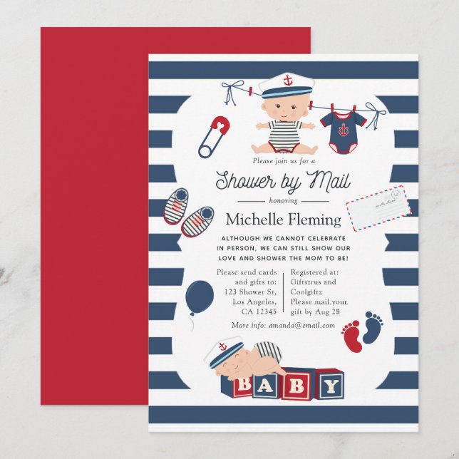 Invitation Baby shower pour garçons nautiques par courrier (Devant / Derrière)