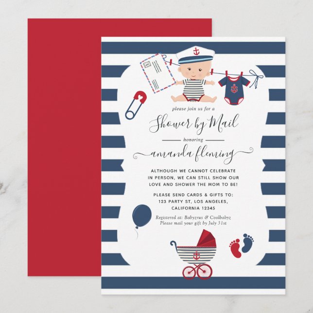 Invitation Baby shower pour garçons nautiques par courrier (Devant / Derrière)
