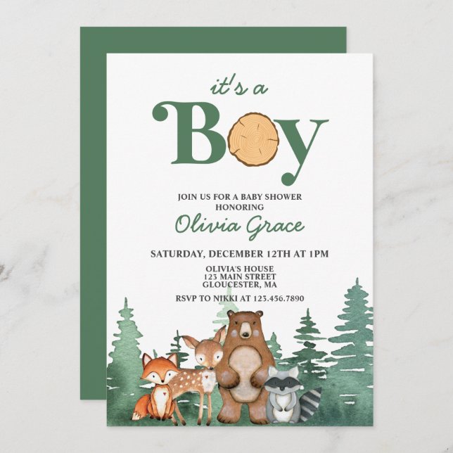 Invitation Baby shower pour les boisés de la forêt (Devant / Derrière)