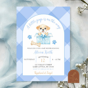 Invitation Baby-Shower pour un chiot à carreaux bleus