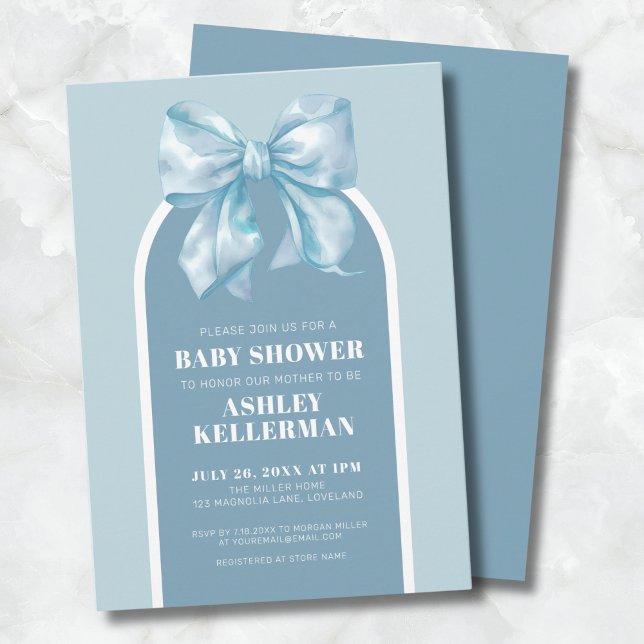 Invitation Baby shower pour un petit garçon avec un joli nœud (Cute Blue Bow Boy Baby Shower Invitation)