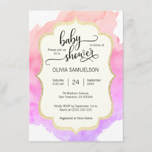 Invitation Baby shower pourpre de FILLE d'aquarelle de pêche