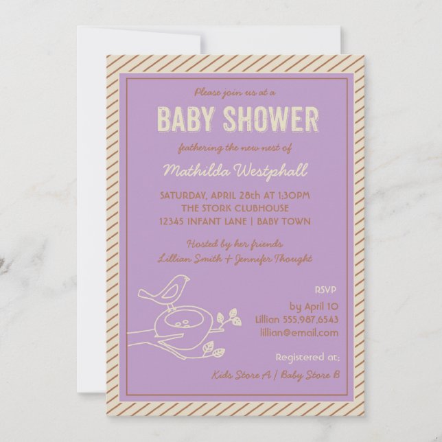 Invitation Baby shower pourpre du nid d'oiseaux (Devant)