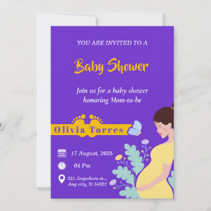 Invitation Baby shower pourpre et jaune, thème de la maternit