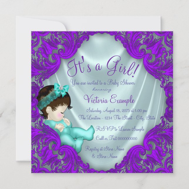 Invitation Baby shower pourpre et Turquoise (Devant)