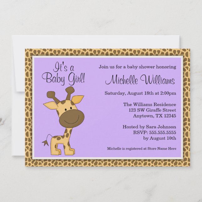 Invitation Baby shower pourpre mignon de fille de girafe (Devant)