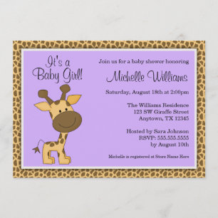 Invitation Baby shower pourpre mignon de fille de girafe