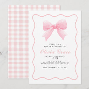 Invitation Baby shower prépa avec un nœud rose et gingham
